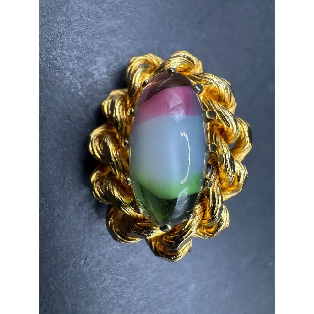 Vintage Striped Pink Blue Yellow Porphyry Art Glass Oval Gold Tone Brooch Pin
